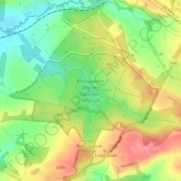 Mapa topográfico Broadwater Warren Nature Reserve, altitud, relieve