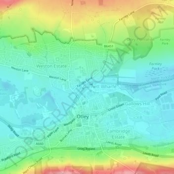 Mapa topográfico Otley, altitud, relieve